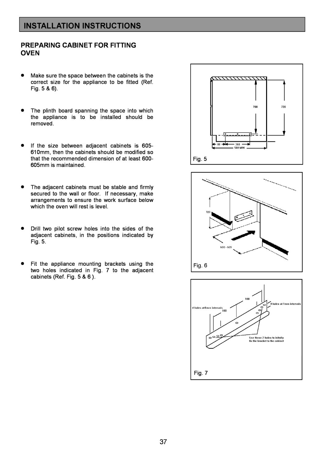 Zanussi ZHF865 manual Preparing Cabinet For Fitting Oven, Installation Instructions 