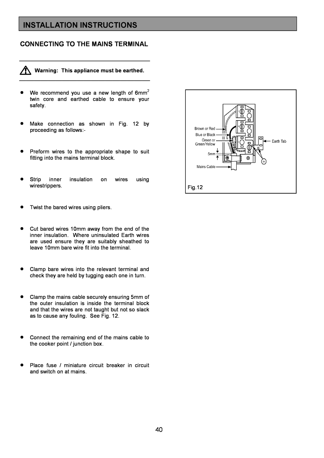 Zanussi ZHF865 manual Connecting To The Mains Terminal, Warning This appliance must be earthed, Installation Instructions 