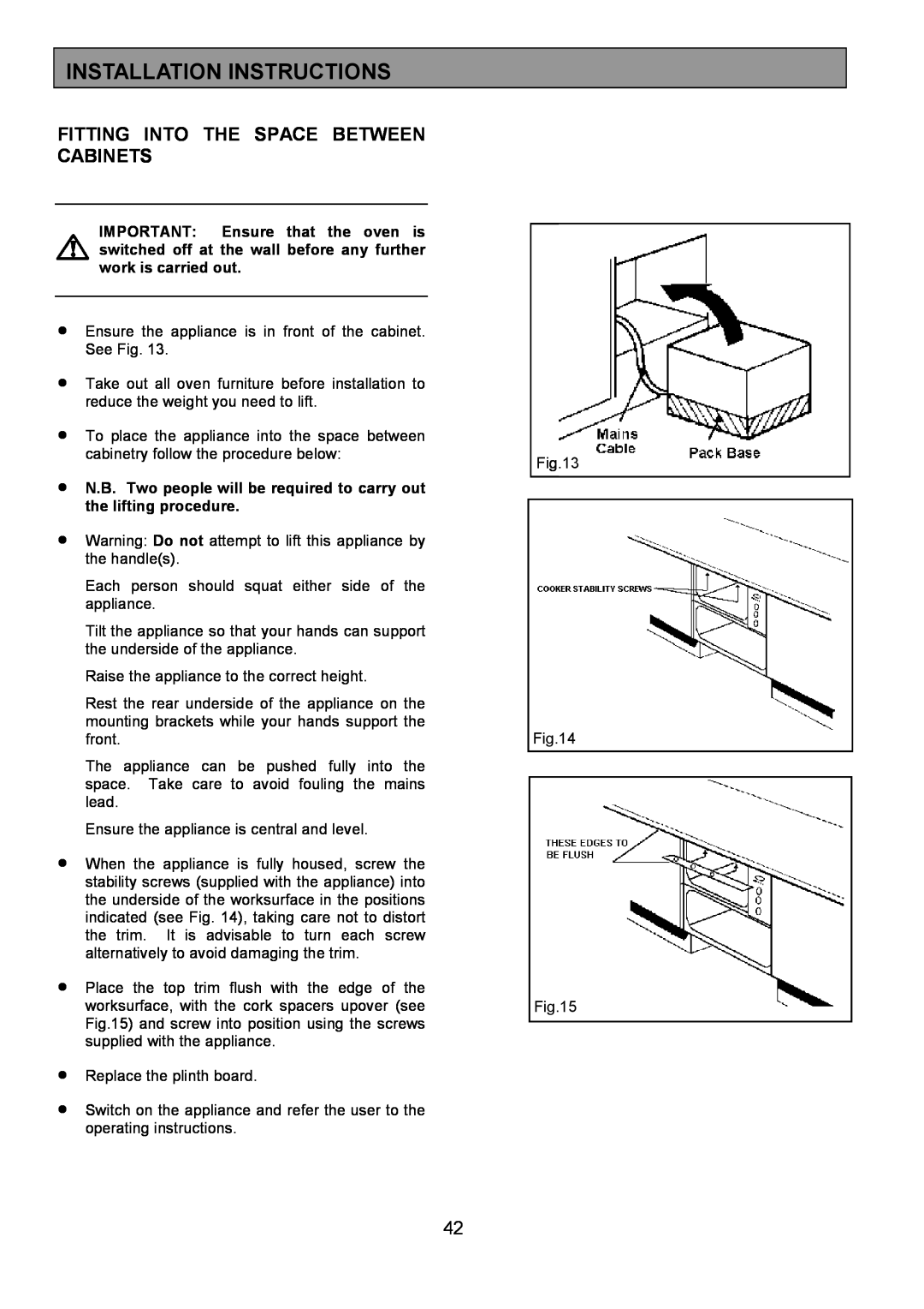 Zanussi ZHF865 manual Fitting Into The Space Between Cabinets, Installation Instructions 