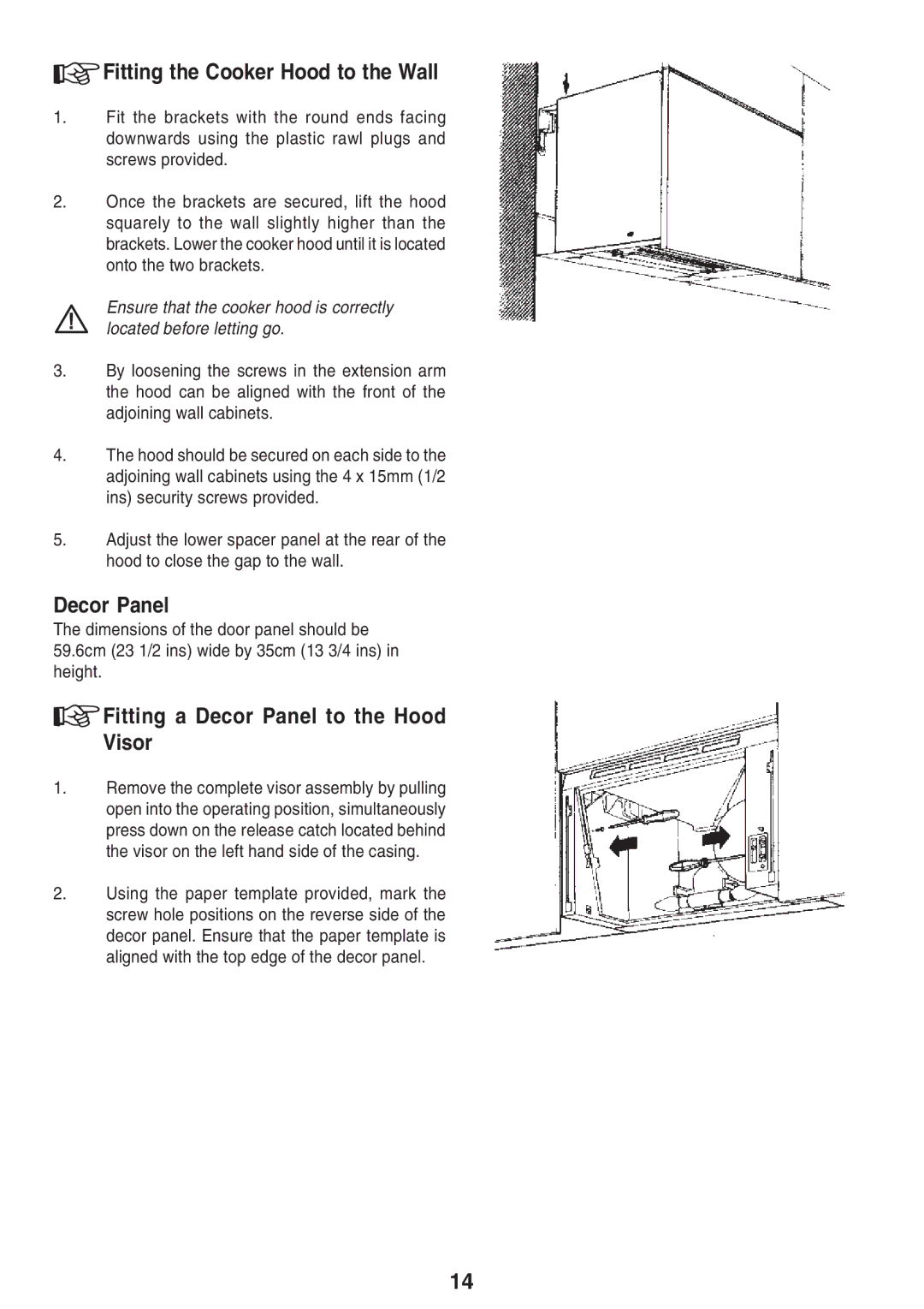 Zanussi ZHI 600 manual Fitting the Cooker Hood to the Wall, Fitting a Decor Panel to the Hood Visor 