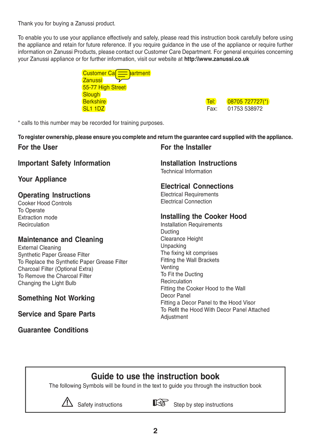 Zanussi ZHI 600 manual For the User, Maintenance and Cleaning, Electrical Connections, Installing the Cooker Hood 