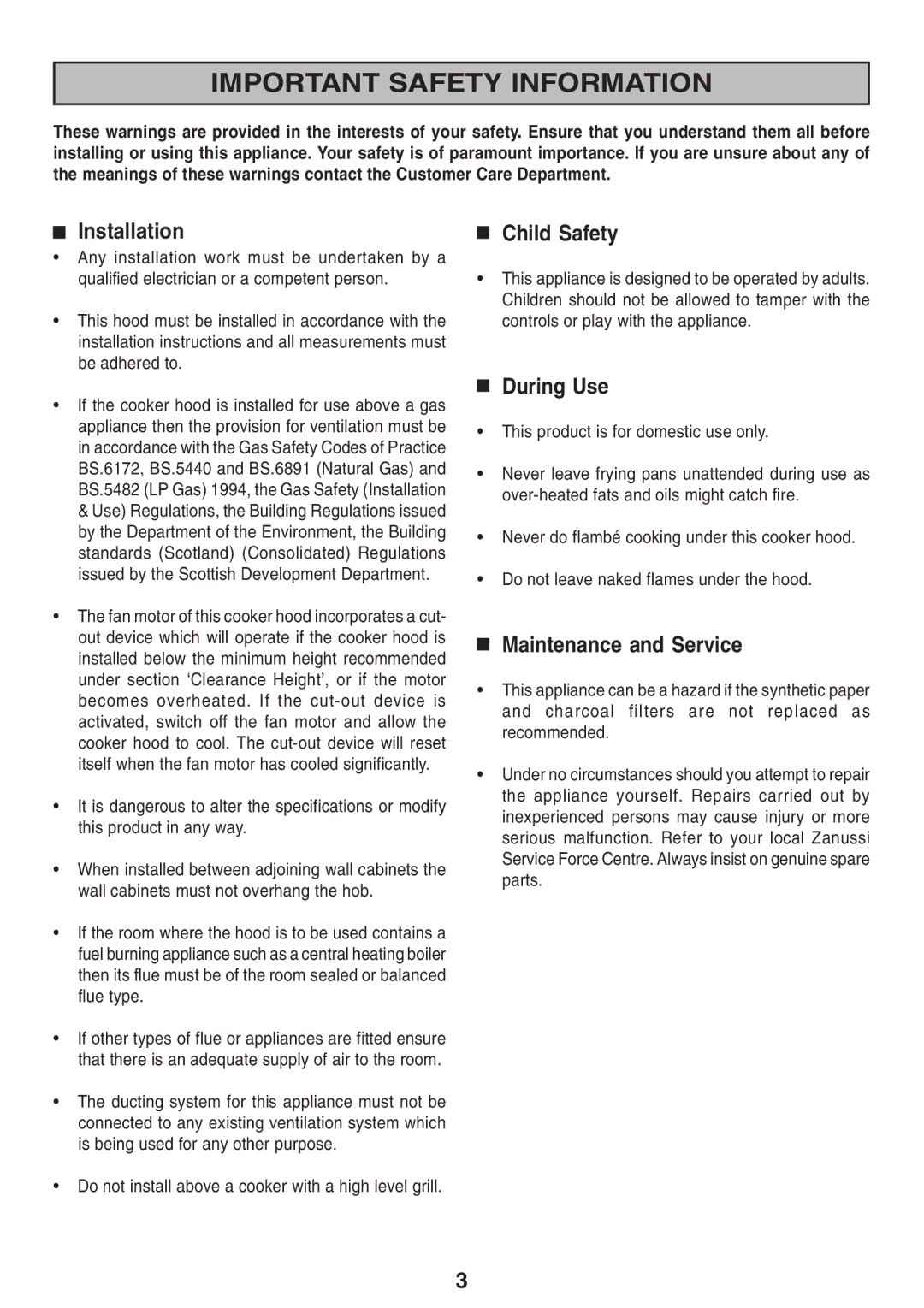 Zanussi ZHI 600 manual Important Safety Information, Installation, Child Safety, During Use, Maintenance and Service 