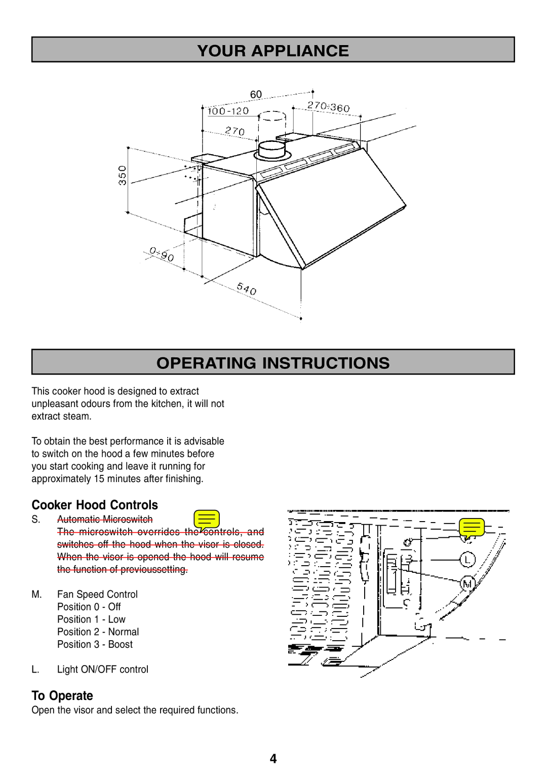 Zanussi ZHI 600 manual Your Appliance Operating Instructions, Cooker Hood Controls, To Operate 