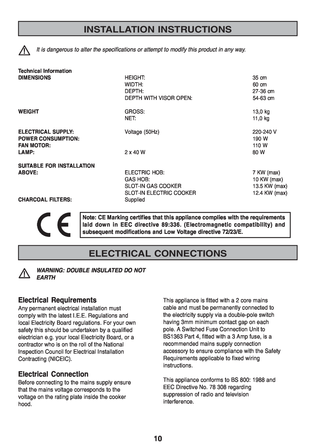 Zanussi ZHI 600 manual Installation Instructions, Electrical Connections, Electrical Requirements 