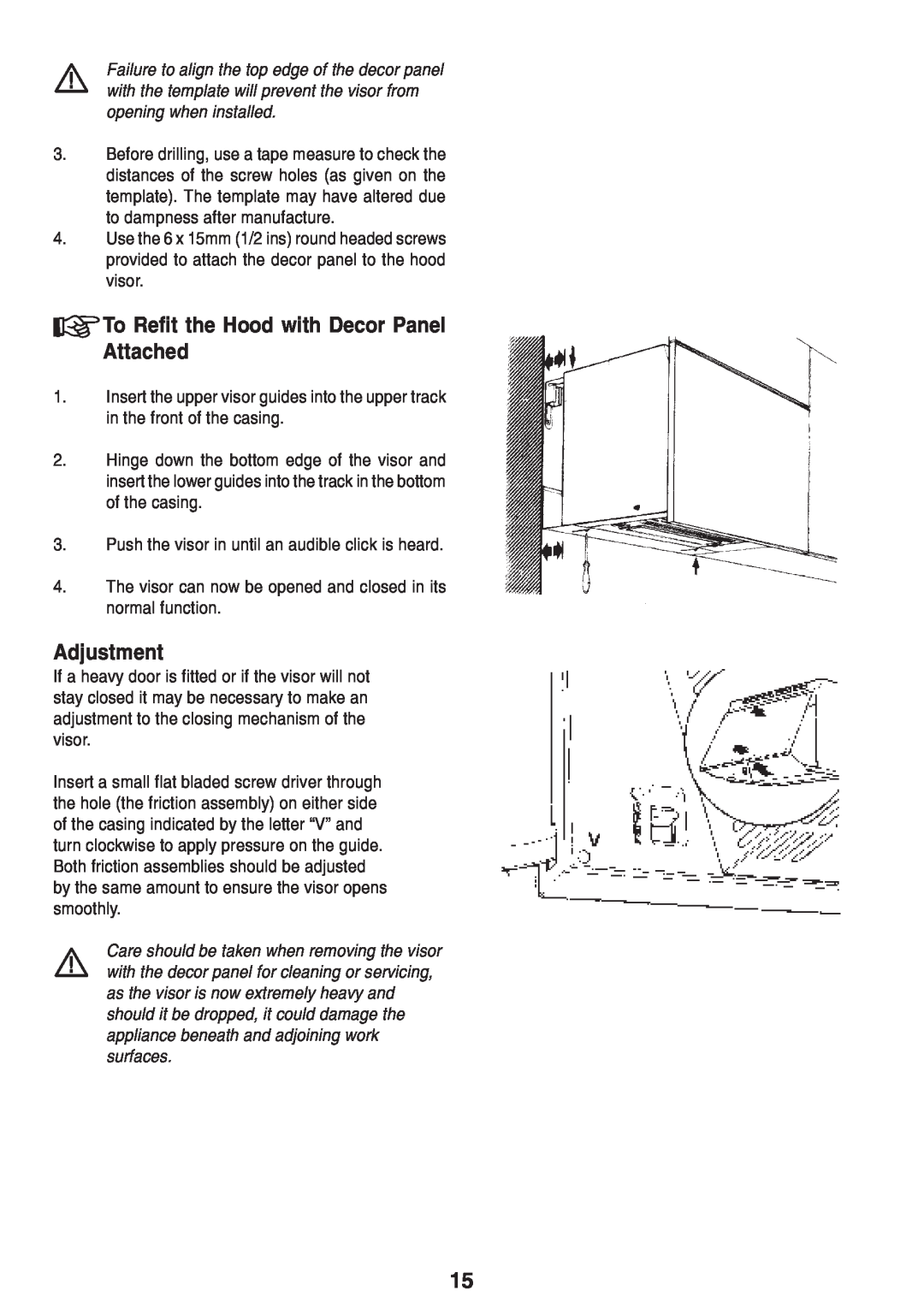Zanussi ZHI 600 manual To Refit the Hood with Decor Panel Attached, Adjustment 