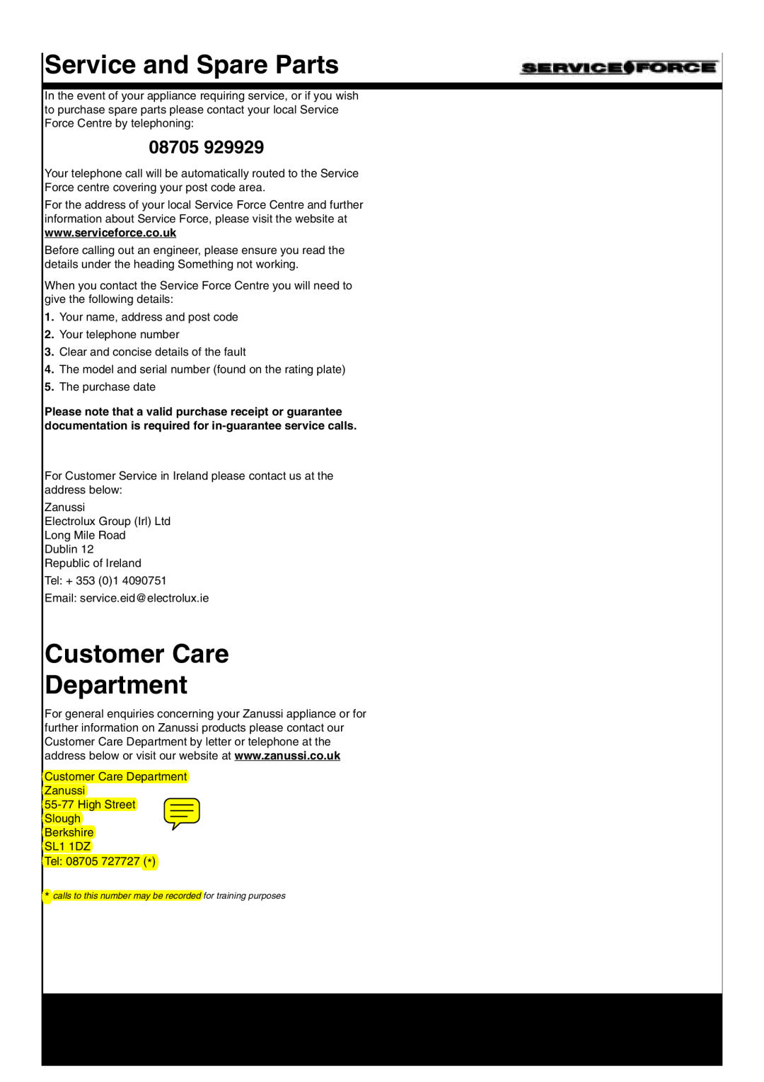 Zanussi ZHI 600 manual 08705, Service and Spare Parts, Customer Care Department 
