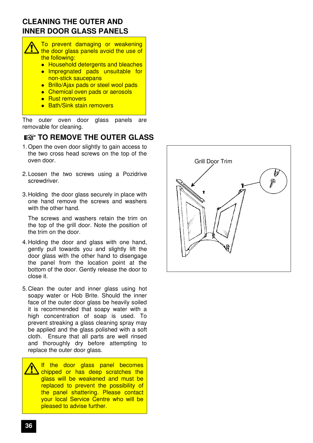 Zanussi ZHM 868 manual Cleaning the Outer and Inner Door Glass Panels, To Remove the Outer Glass 