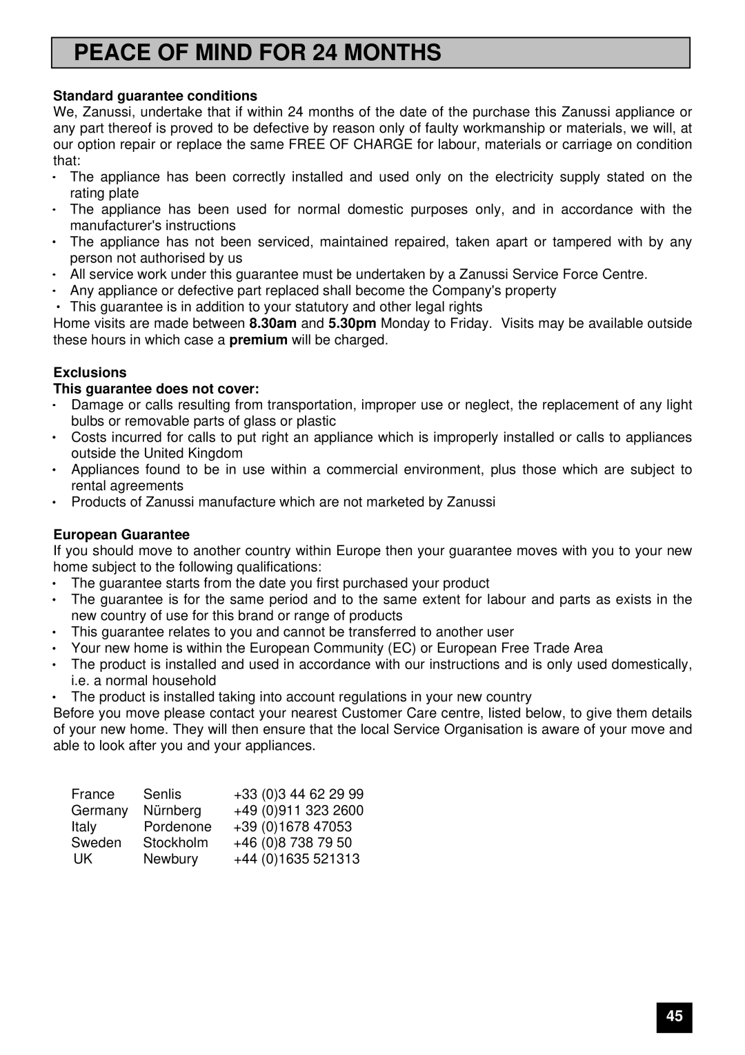 Zanussi ZHM 868 manual Peace of Mind for 24 Months, Standard guarantee conditions 