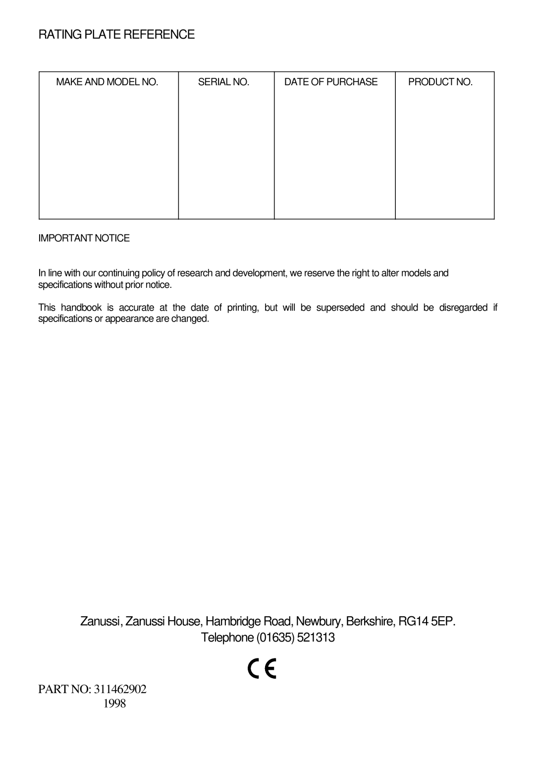 Zanussi ZHM 868 manual Rating Plate Reference 