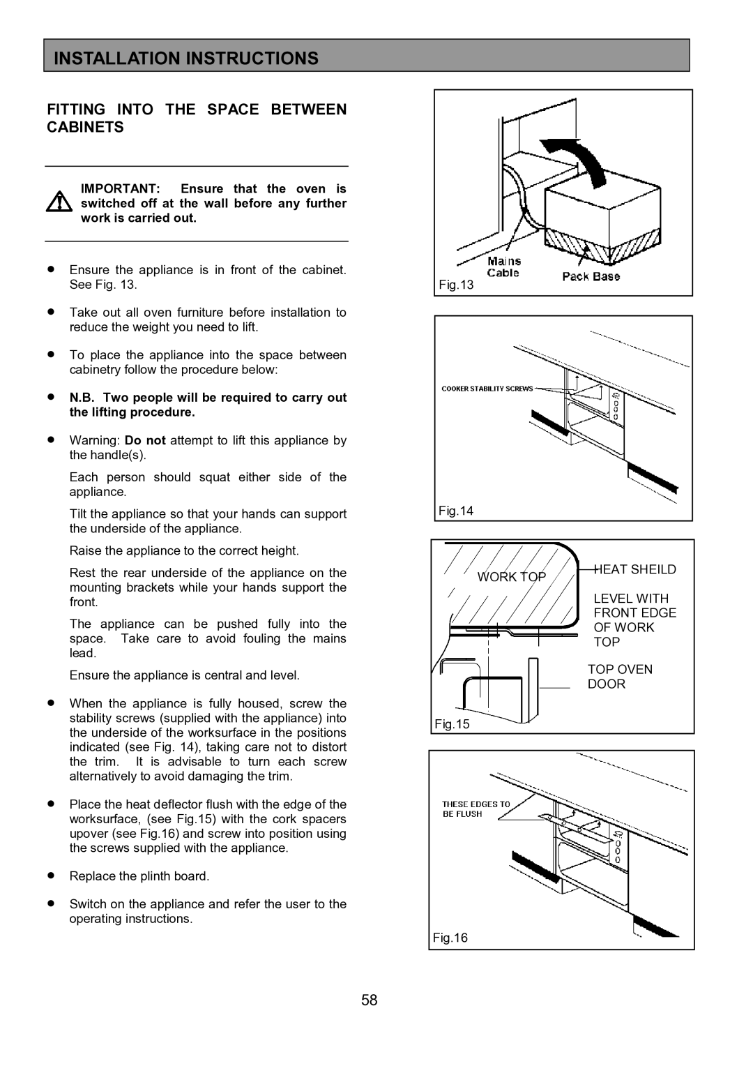 Zanussi ZHQ 575 manual Fitting Into the Space Between Cabinets, Lifting procedure 