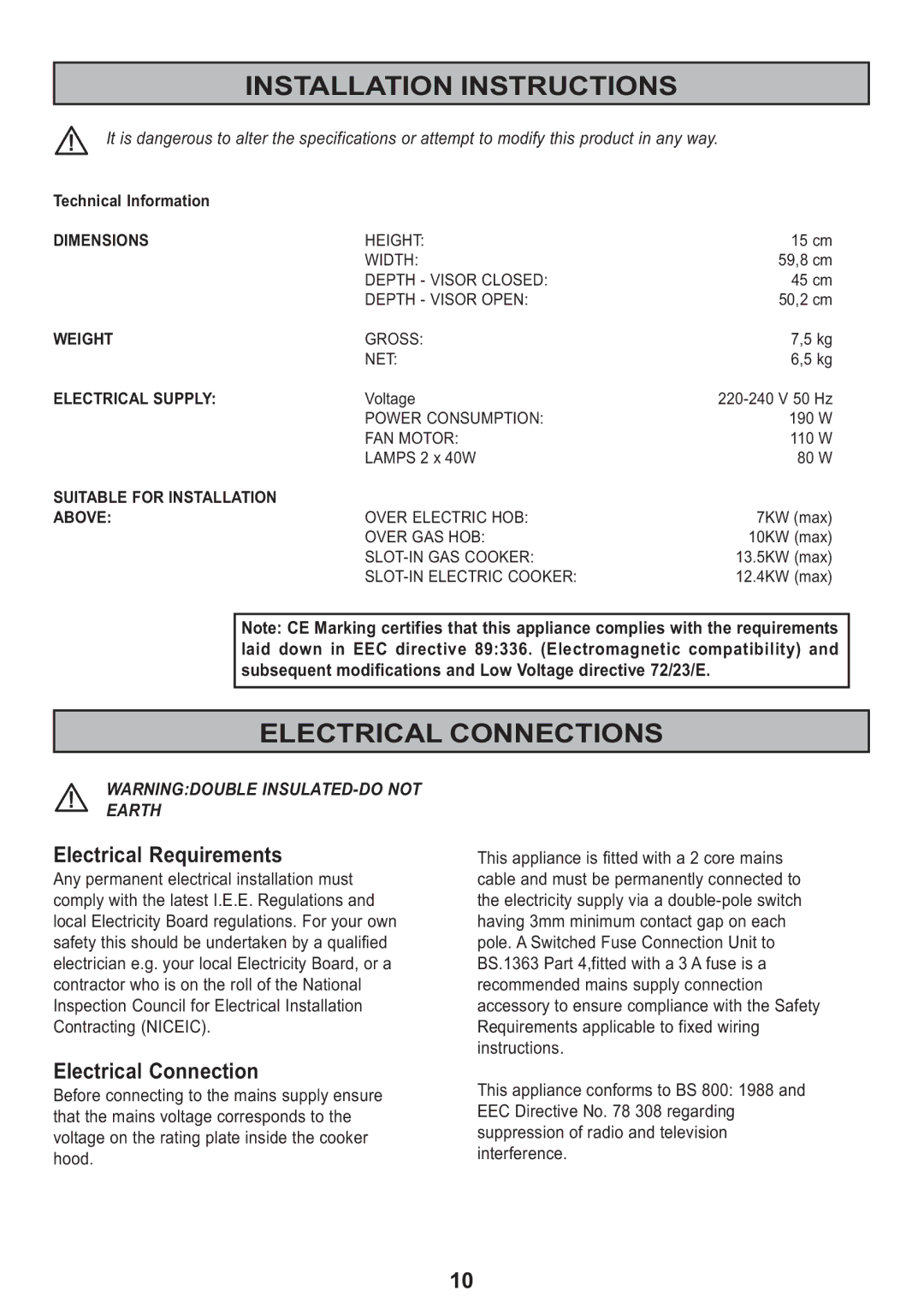 Zanussi ZHT 610 manual Installation Instructions, Electrical Connections, Electrical Requirements 