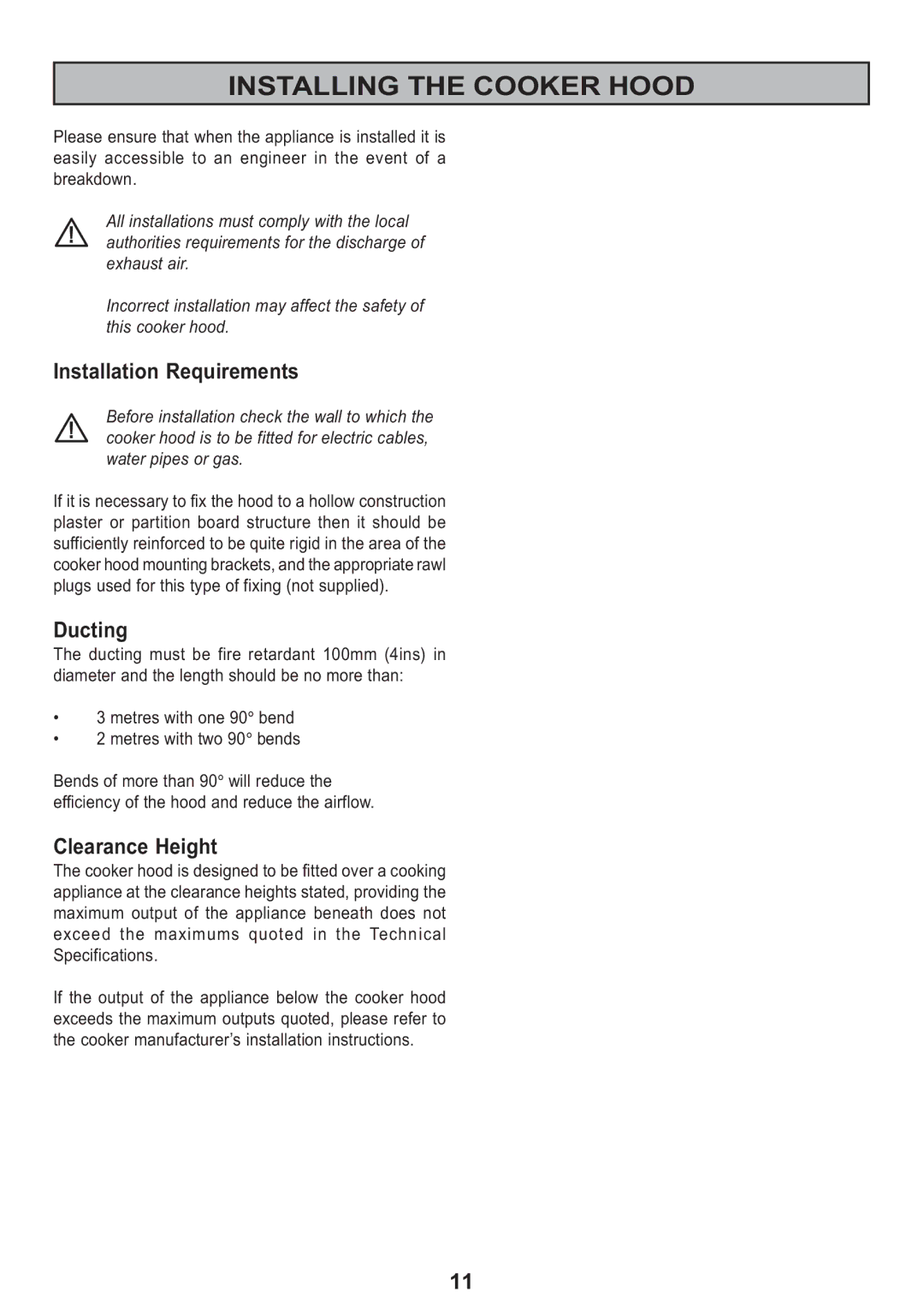 Zanussi ZHT 610 manual Installing the Cooker Hood, Installation Requirements, Ducting, Clearance Height 