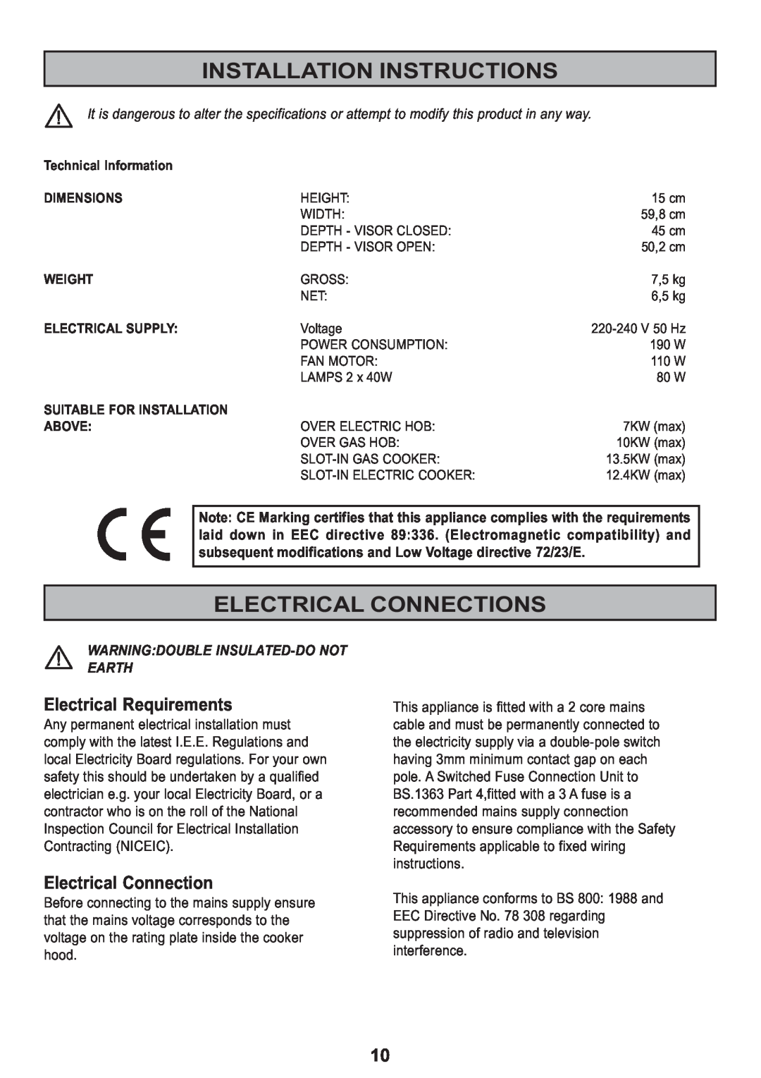 Zanussi ZHT 610 manual Installation Instructions, Electrical Connections, Electrical Requirements 