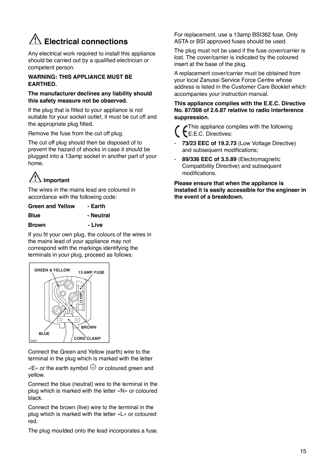 Zanussi ZI 310 DIS manual Electrical connections, Green and Yellow Earth Blue- Neutral Brown- Live 