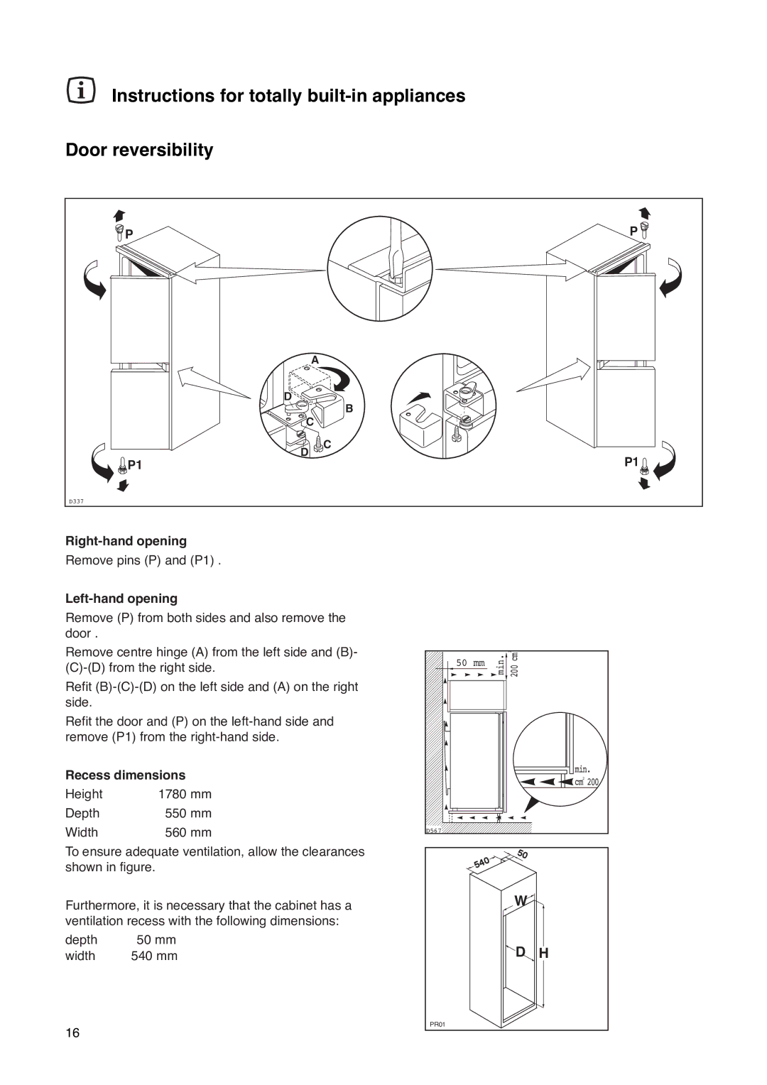 Zanussi ZI 310 DIS manual Right-hand opening, Left-hand opening, Recess dimensions 