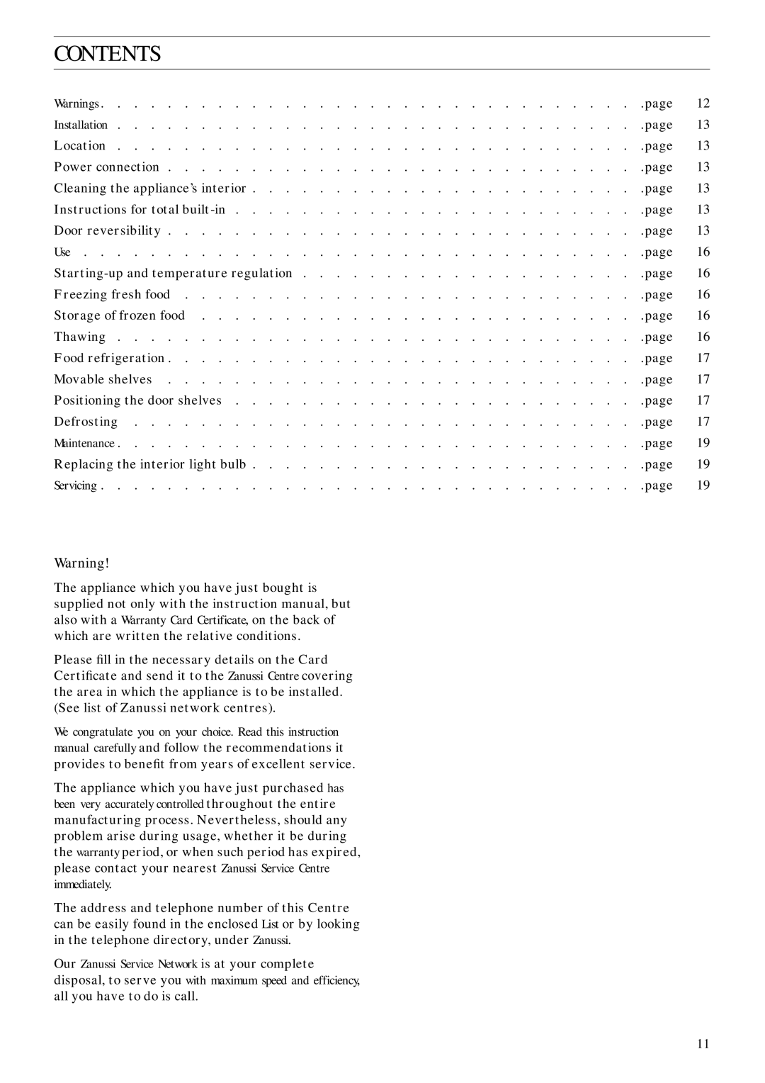 Zanussi ZI 428 D manual Contents 