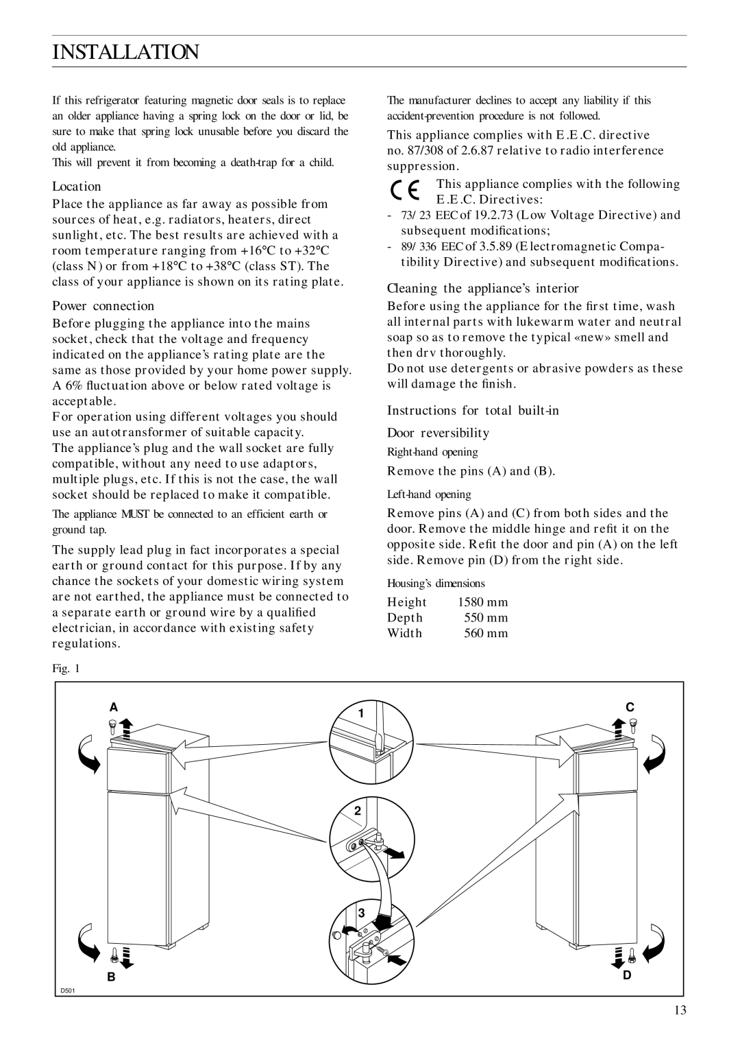 Zanussi ZI 428 D manual Installation, Location, Power connection, Cleaning the appliance’s interior 