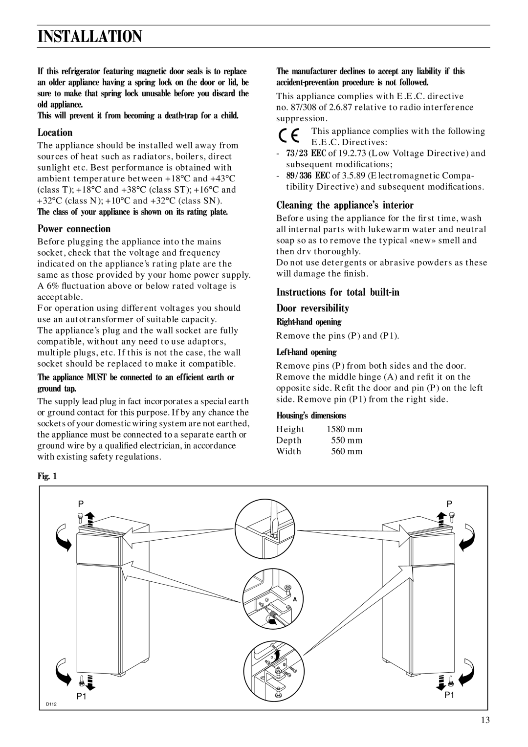 Zanussi ZI 5280 D manual Installation, Location, Power connection, Cleaning the appliance’s interior 