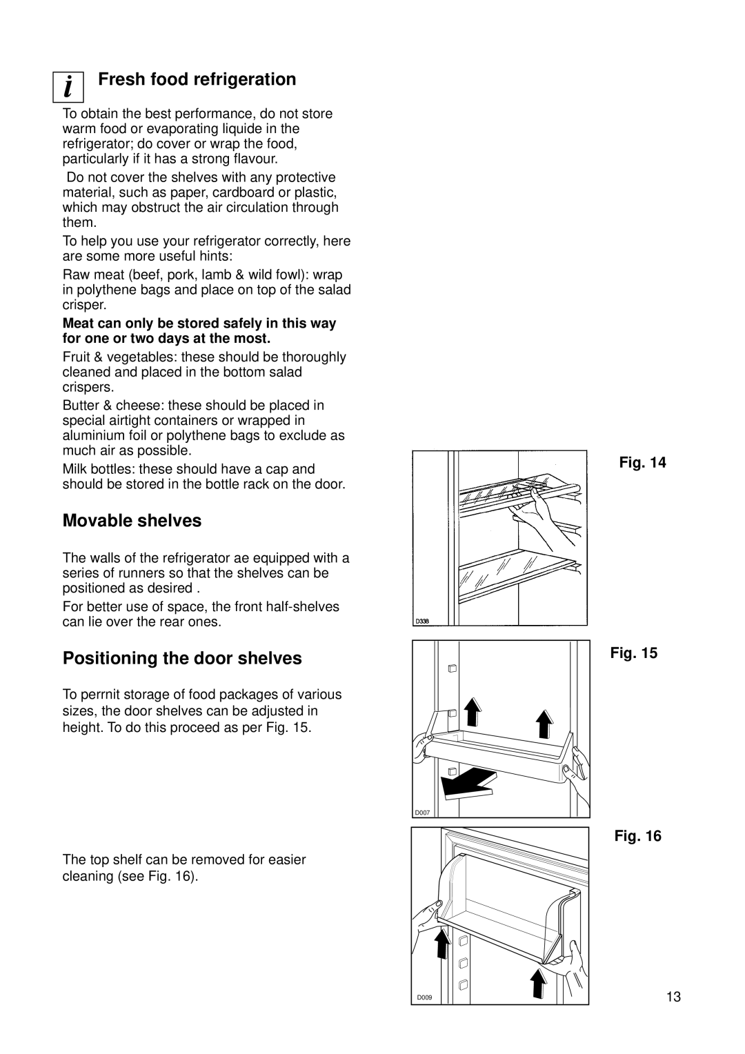 Zanussi ZI 718/12 K manual Fresh food refrigeration, Movable shelves, Positioning the door shelves 