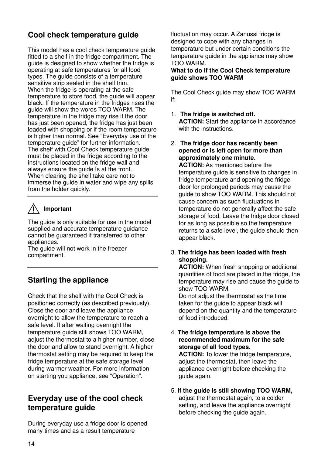 Zanussi ZI 718/12 K Cool check temperature guide, Starting the appliance, Everyday use of the cool check temperature guide 