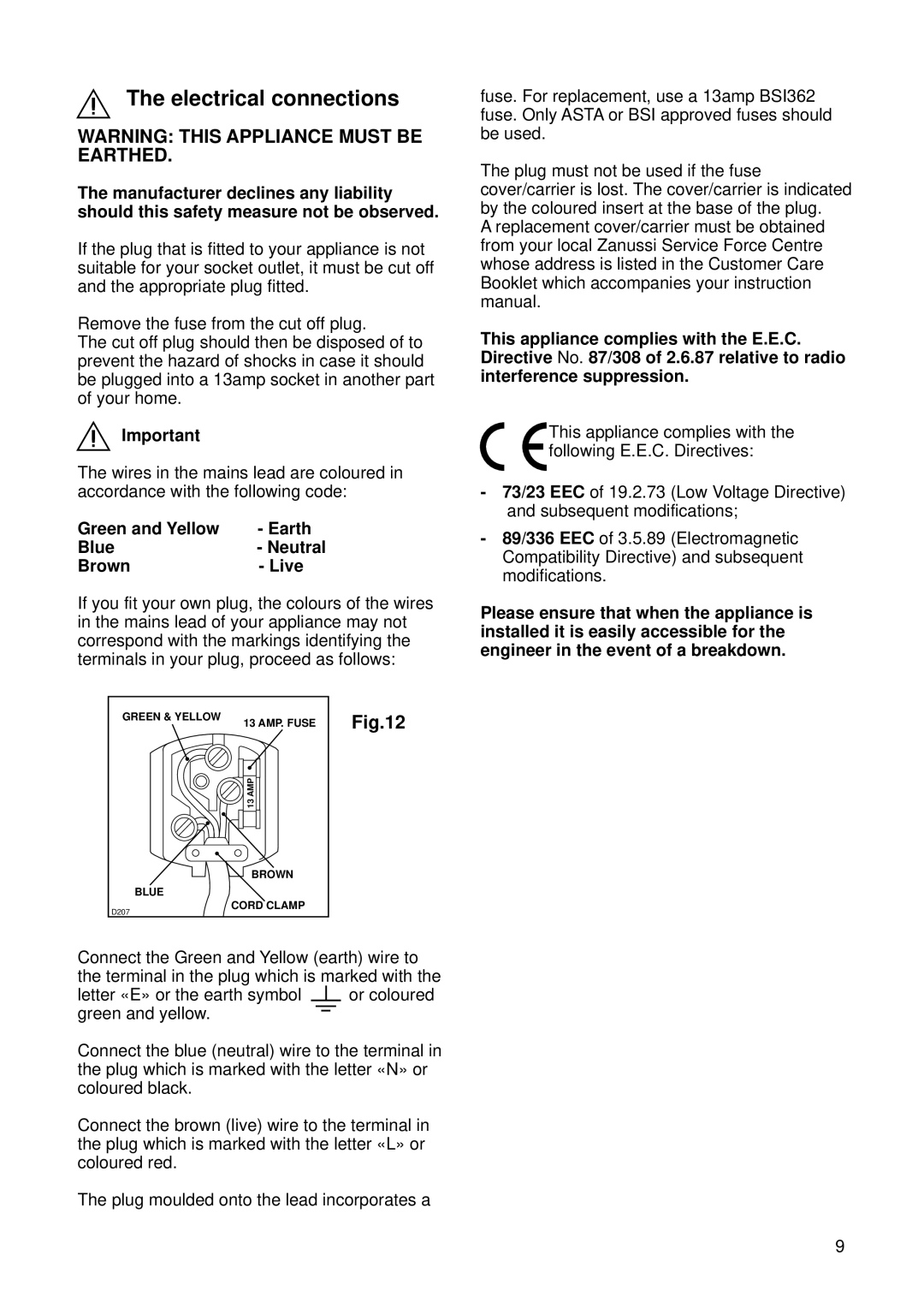 Zanussi ZI 718/12 K manual Electrical connections, Green and Yellow Earth Blue, Brown Live 