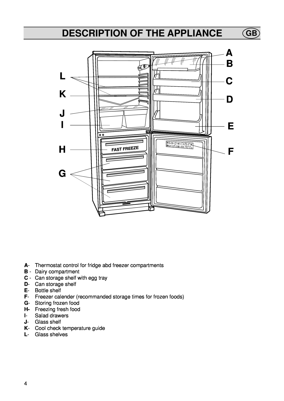 Zanussi ZI 718/12 K manual Description Of The Appliance, L K J I H G, A B C D E 