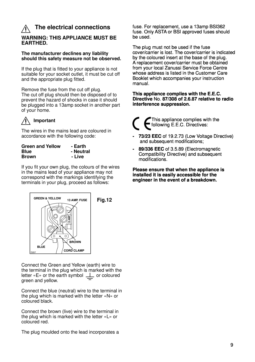 Zanussi ZI 718/12 K manual The electrical connections, Warning This Appliance Must Be Earthed 