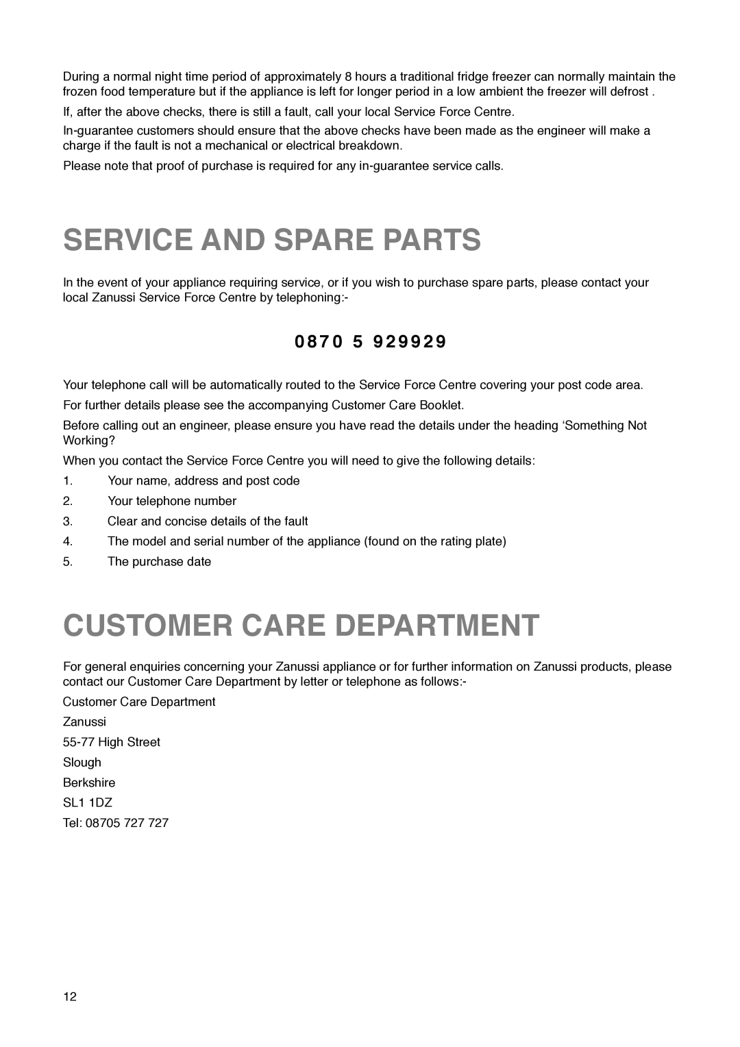 Zanussi ZI 720/8 FF manual Service and Spare Parts, Customer Care Department, 7 0 5 9 2 9 9 2 