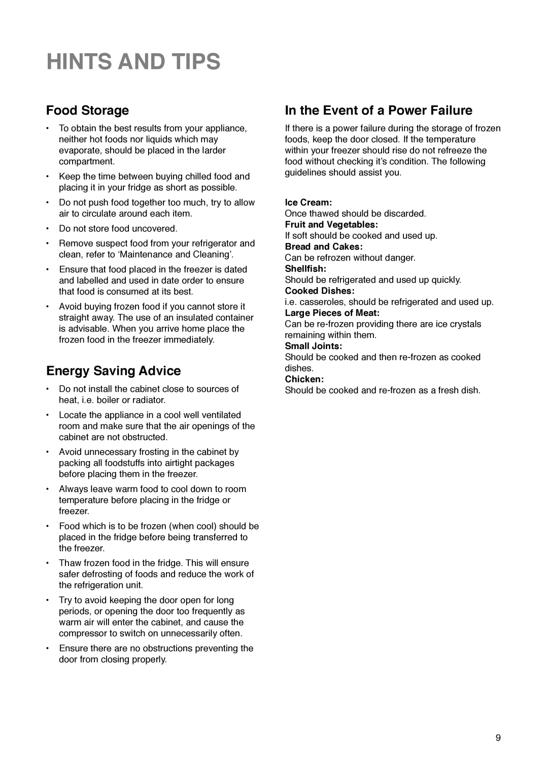 Zanussi ZI 720/8 FF manual Hints and Tips, Food Storage, Energy Saving Advice, Event of a Power Failure 