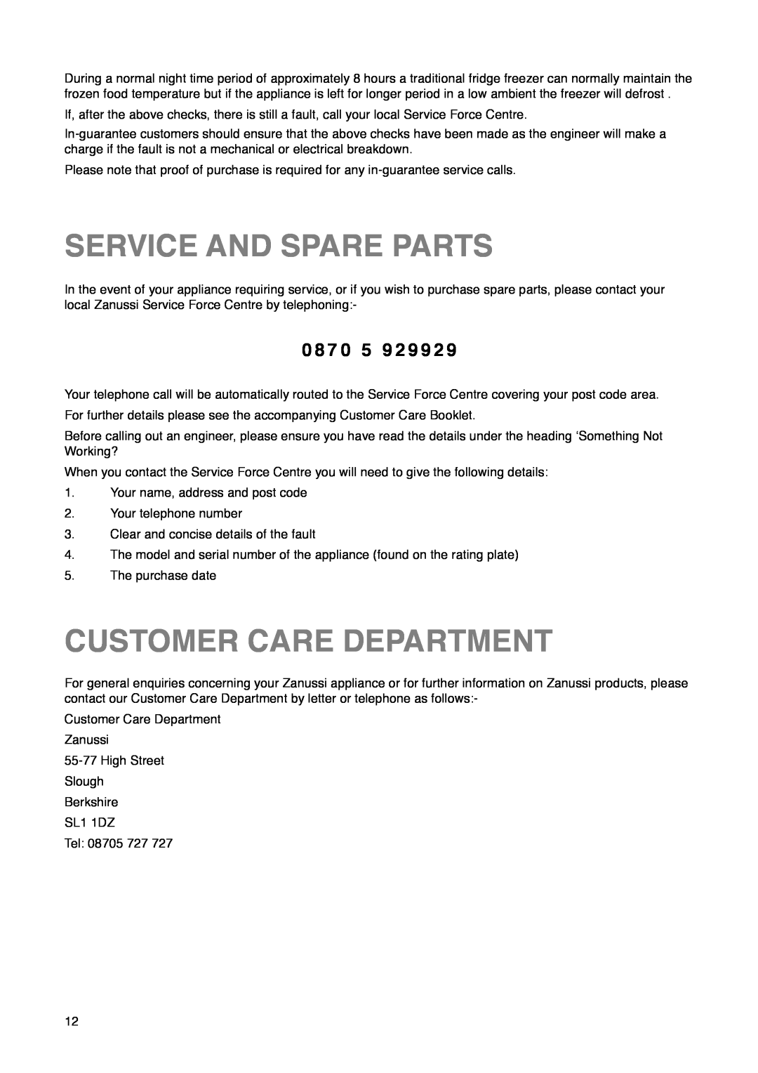 Zanussi ZI 720/8 FF manual Service And Spare Parts, Customer Care Department, 0 8 7 0 5 9 2 