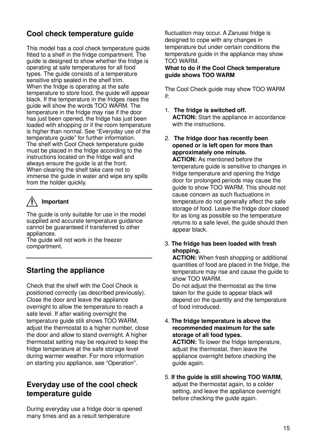 Zanussi ZI 720/9K Cool check temperature guide, Starting the appliance, Everyday use of the cool check temperature guide 