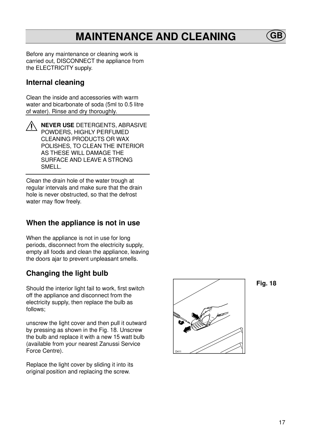 Zanussi ZI 720/9K Maintenance and Cleaning, Internal cleaning, When the appliance is not in use, Changing the light bulb 