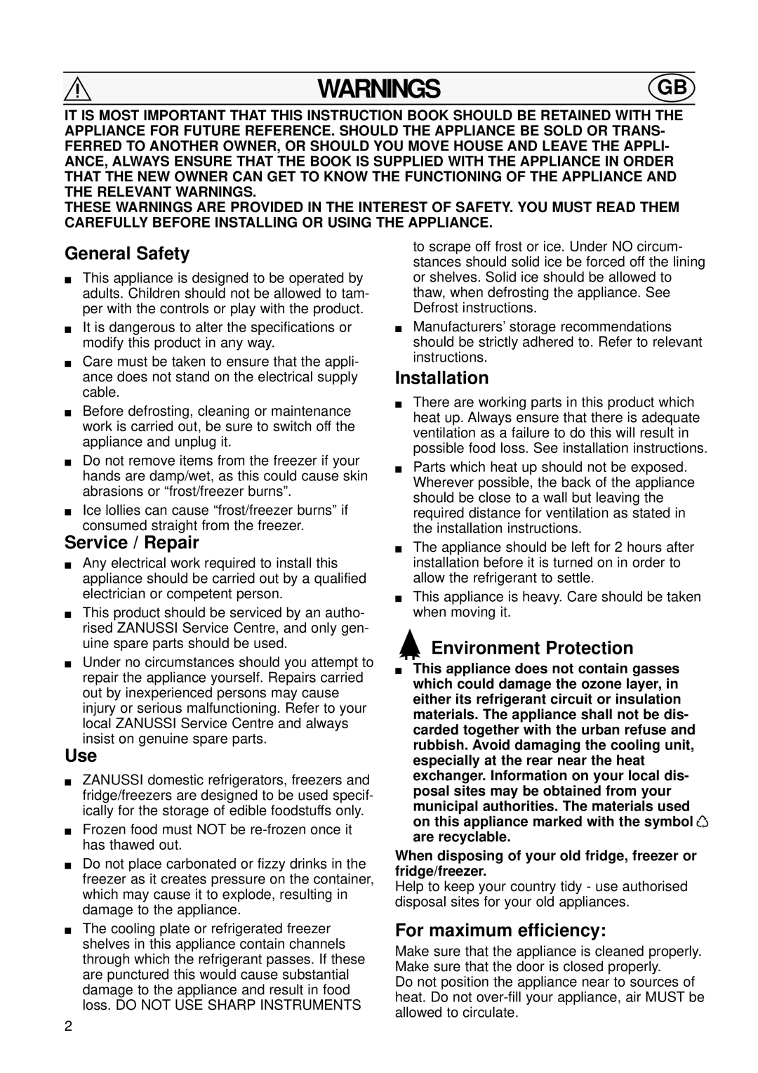 Zanussi ZI 720/9K General Safety, Service / Repair, Use, Installation, Environment Protection, For maximum efficiency 