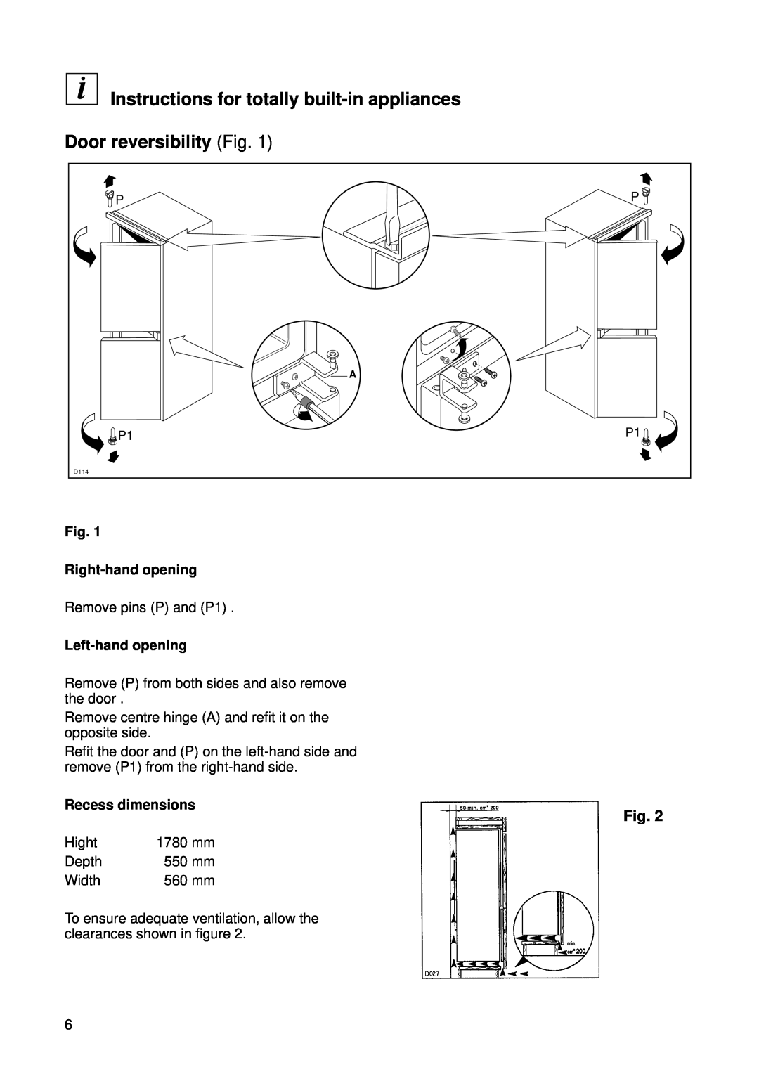 Zanussi ZI 720/9K manual Instructions for totally built-in appliances Door reversibility Fig, Right-hand opening 