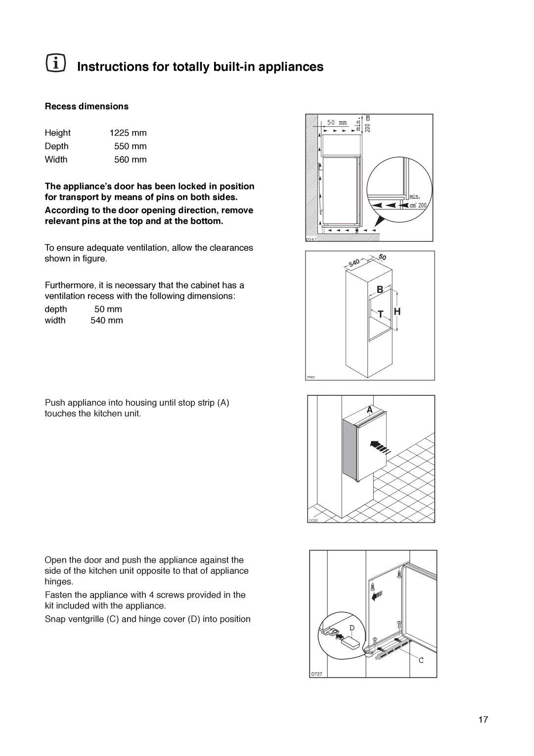 Zanussi ZI 7243 manual Instructions for totally built-in appliances, Recess dimensions 