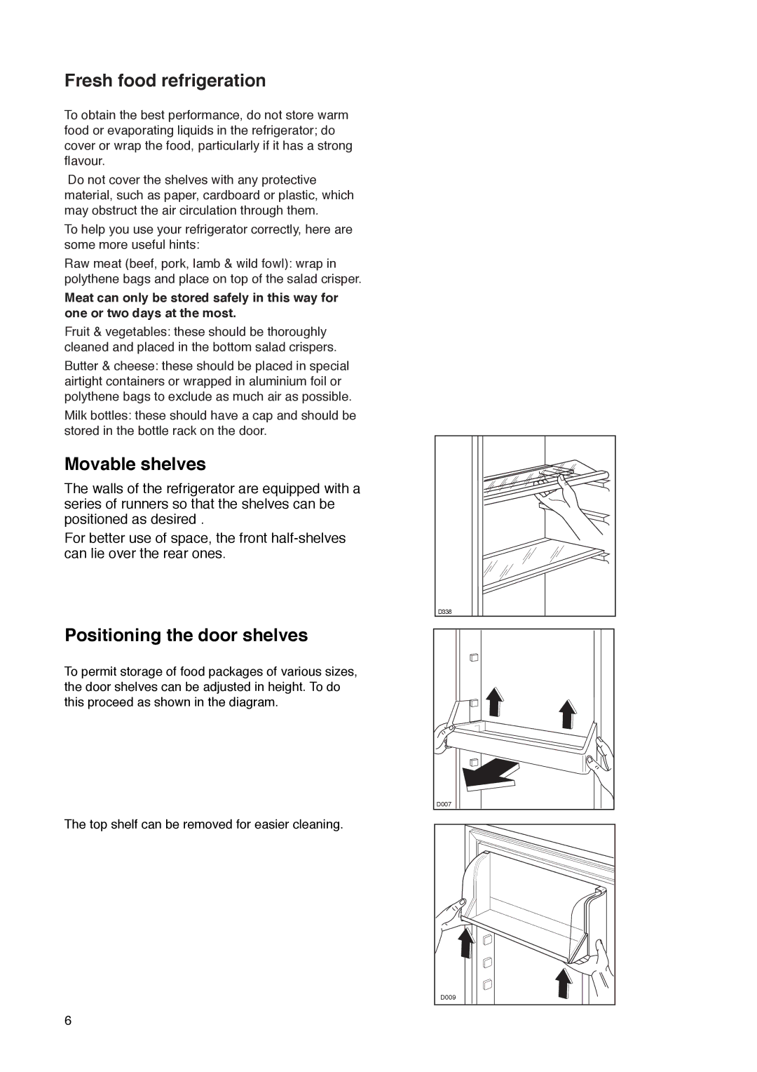 Zanussi ZI 7243 manual Fresh food refrigeration, Movable shelves, Positioning the door shelves 