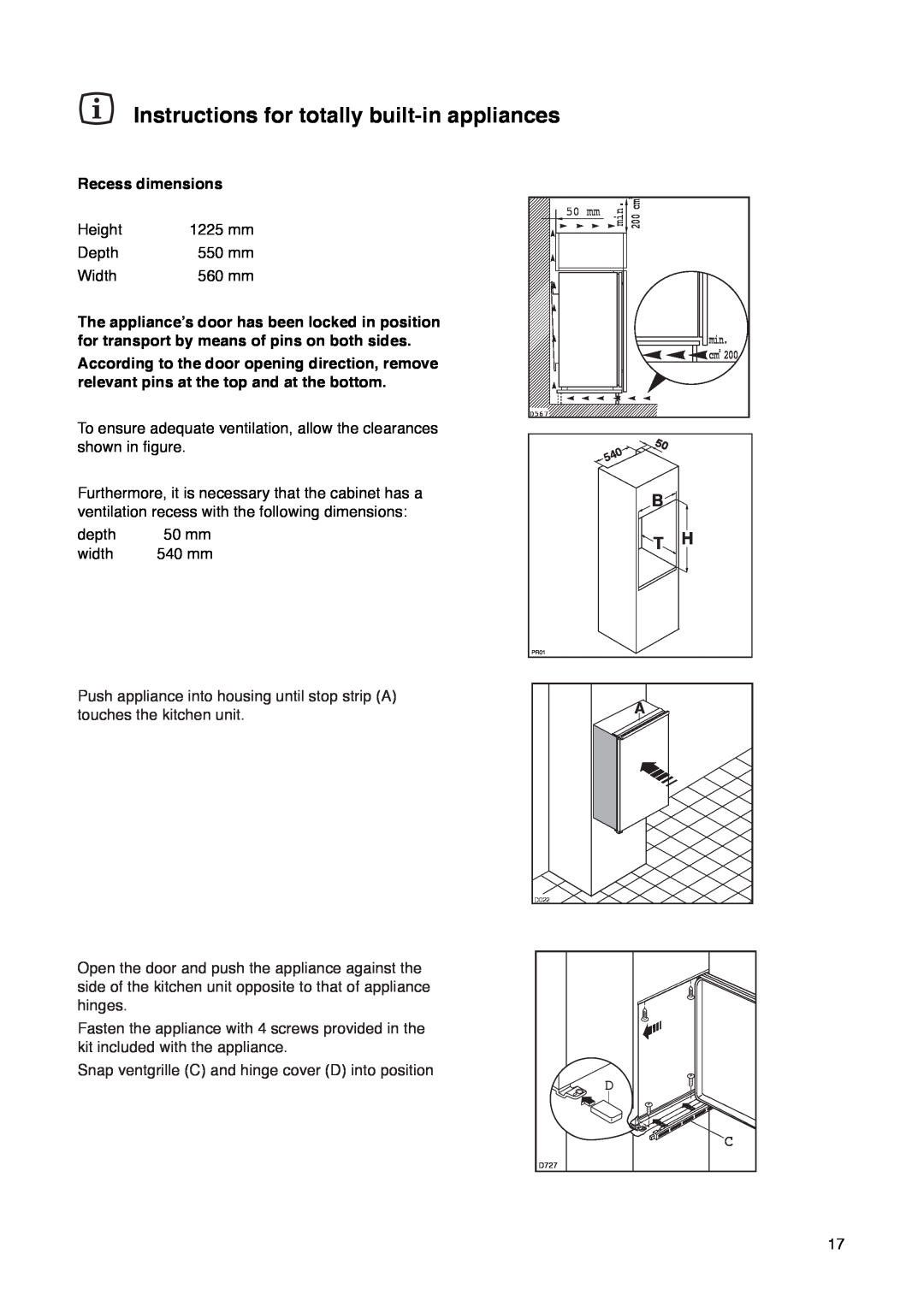 Zanussi ZI 7243 manual Instructions for totally built-in appliances, Recess dimensions 