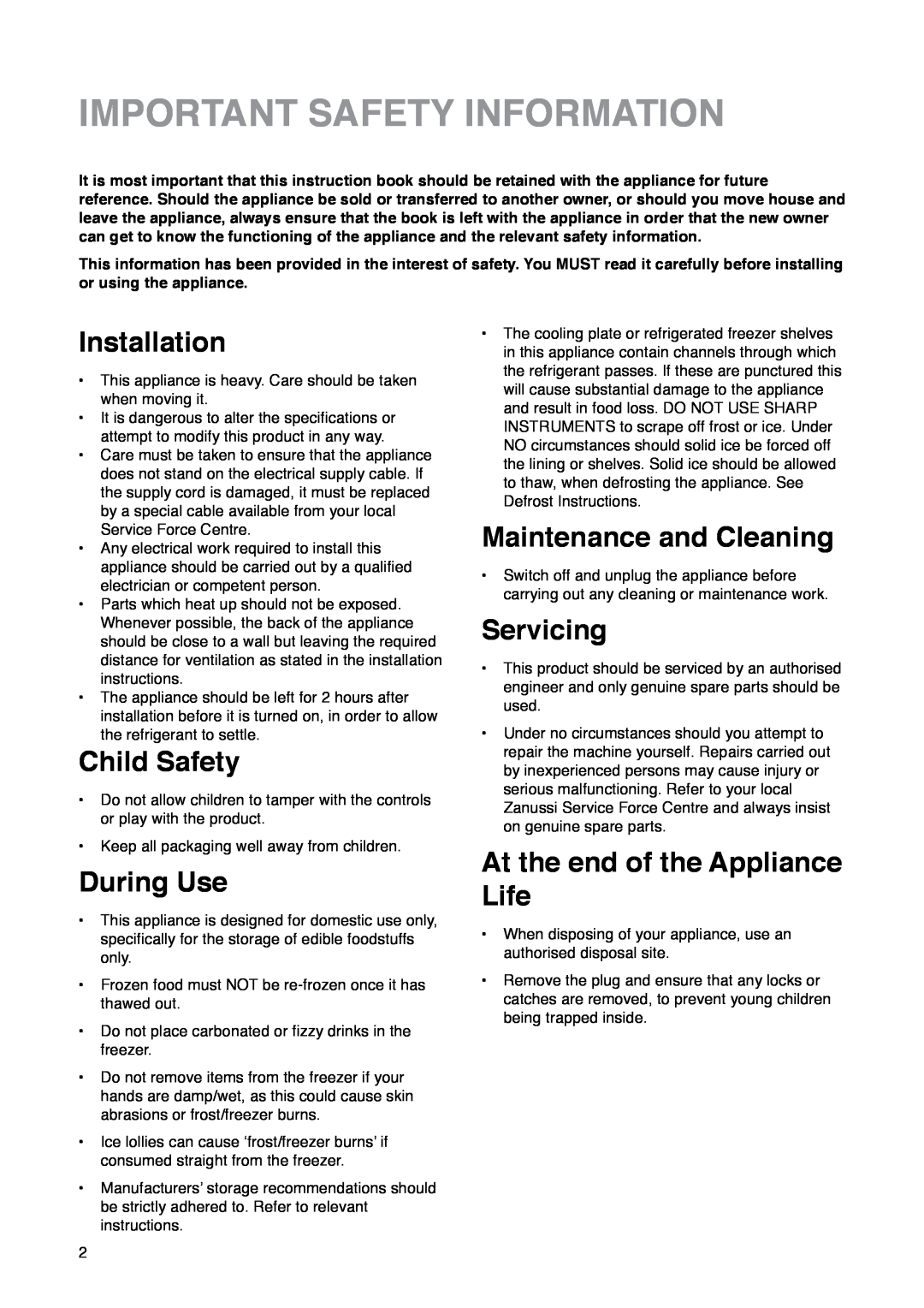 Zanussi ZI 7243 Important Safety Information, Installation, Child Safety, During Use, Maintenance and Cleaning, Servicing 
