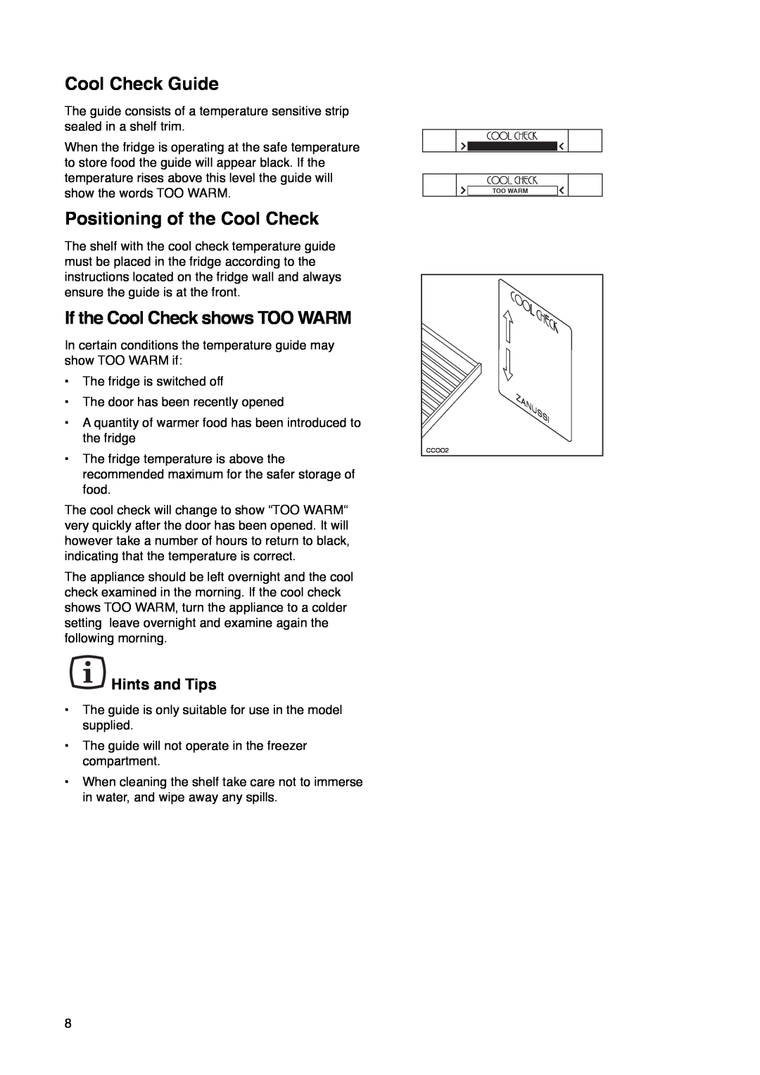 Zanussi ZI 7243 manual Cool Check Guide, Positioning of the Cool Check, If the Cool Check shows TOO WARM, Hints and Tips 