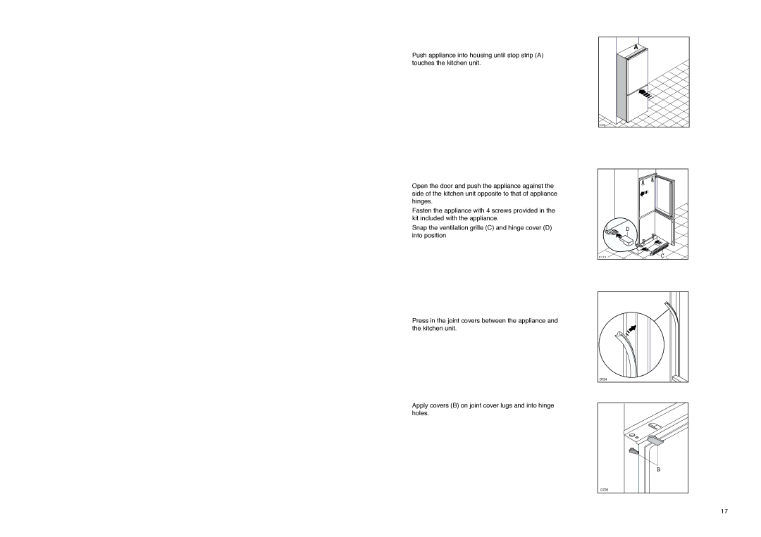 Zanussi ZI 920, ZI 8 FF manual Apply covers B on joint cover lugs and into hinge holes 