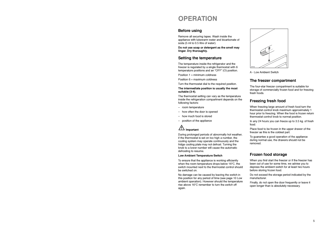 Zanussi ZI 920, ZI 8 FF manual Operation, Before using, Setting the temperature, Freezer compartment, Freezing fresh food 