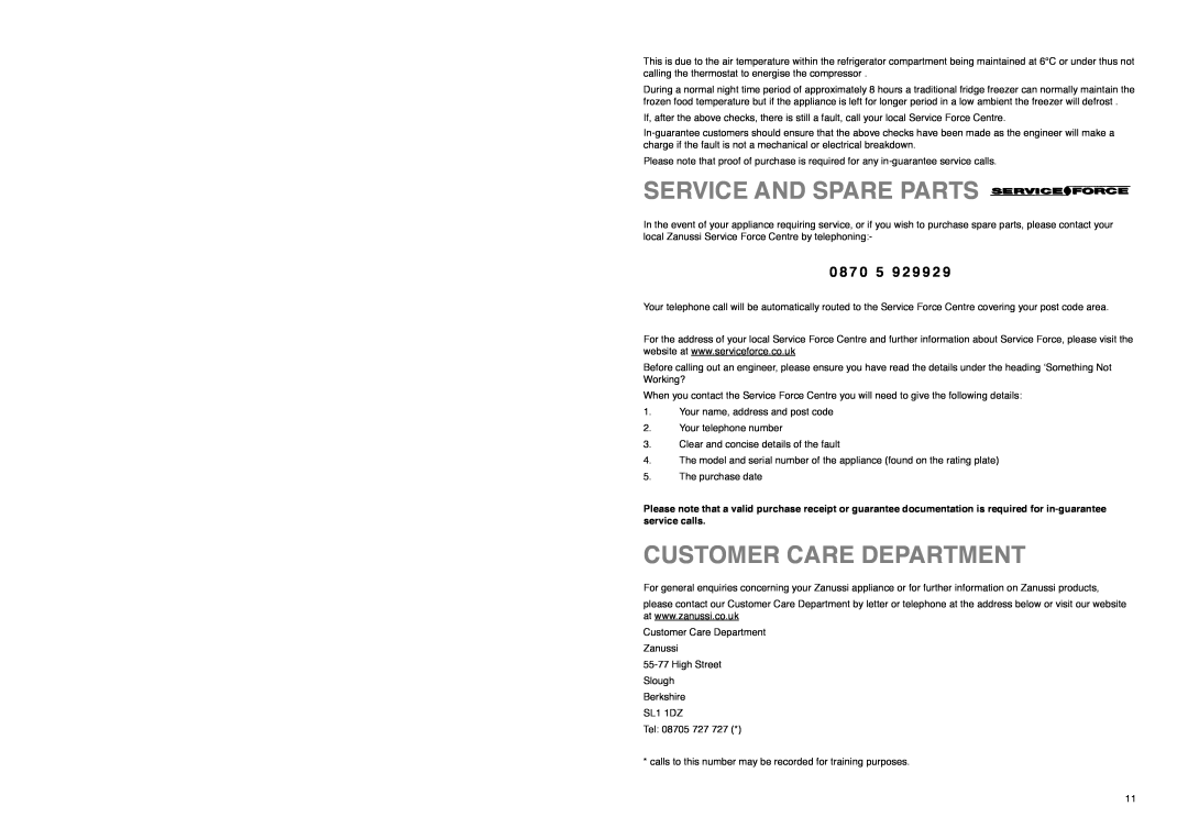 Zanussi ZI 920, ZI 8 FF manual Service And Spare Parts, Customer Care Department, 0 8 7 0 5 9 2 9 9 