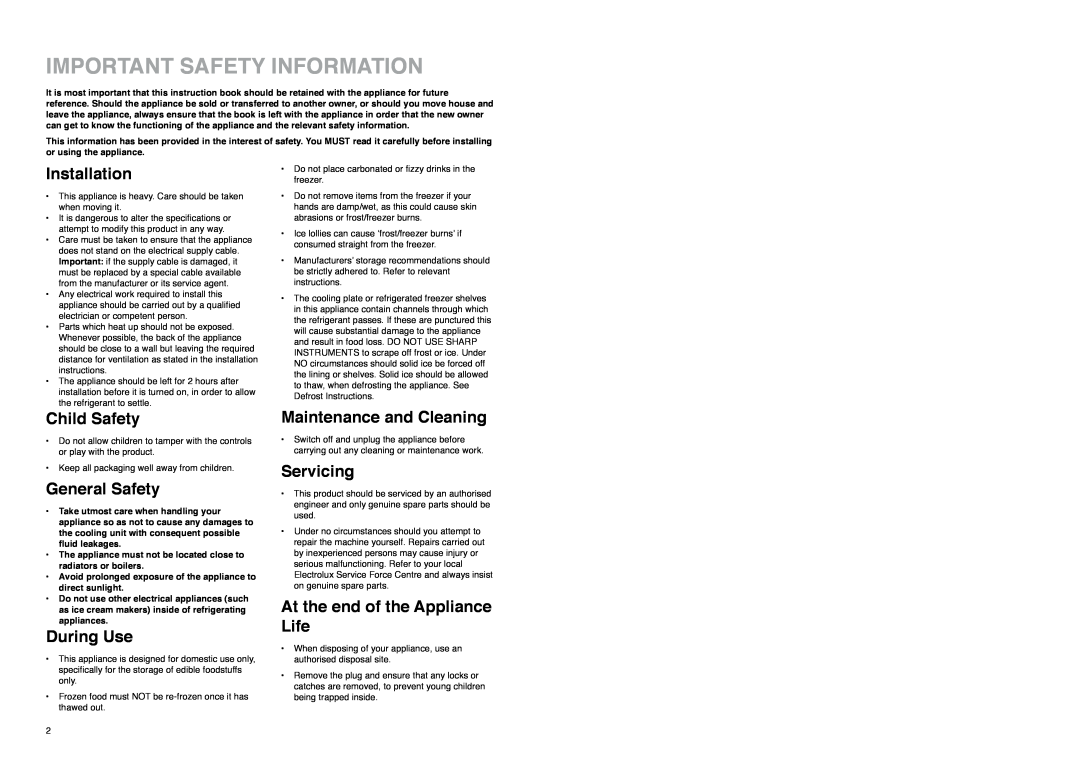 Zanussi ZI 8 FF, ZI 920 Important Safety Information, Installation, Child Safety, General Safety, During Use, Servicing 