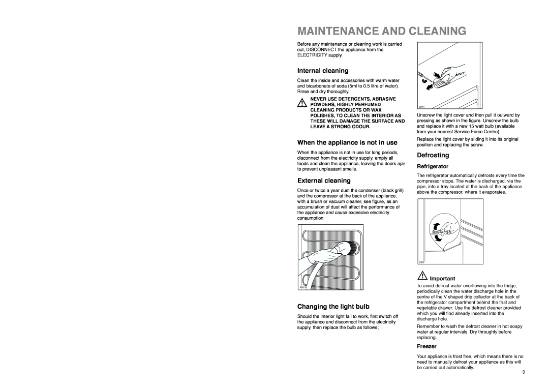Zanussi ZI 920, ZI 8 FF Maintenance And Cleaning, Internal cleaning, When the appliance is not in use, External cleaning 
