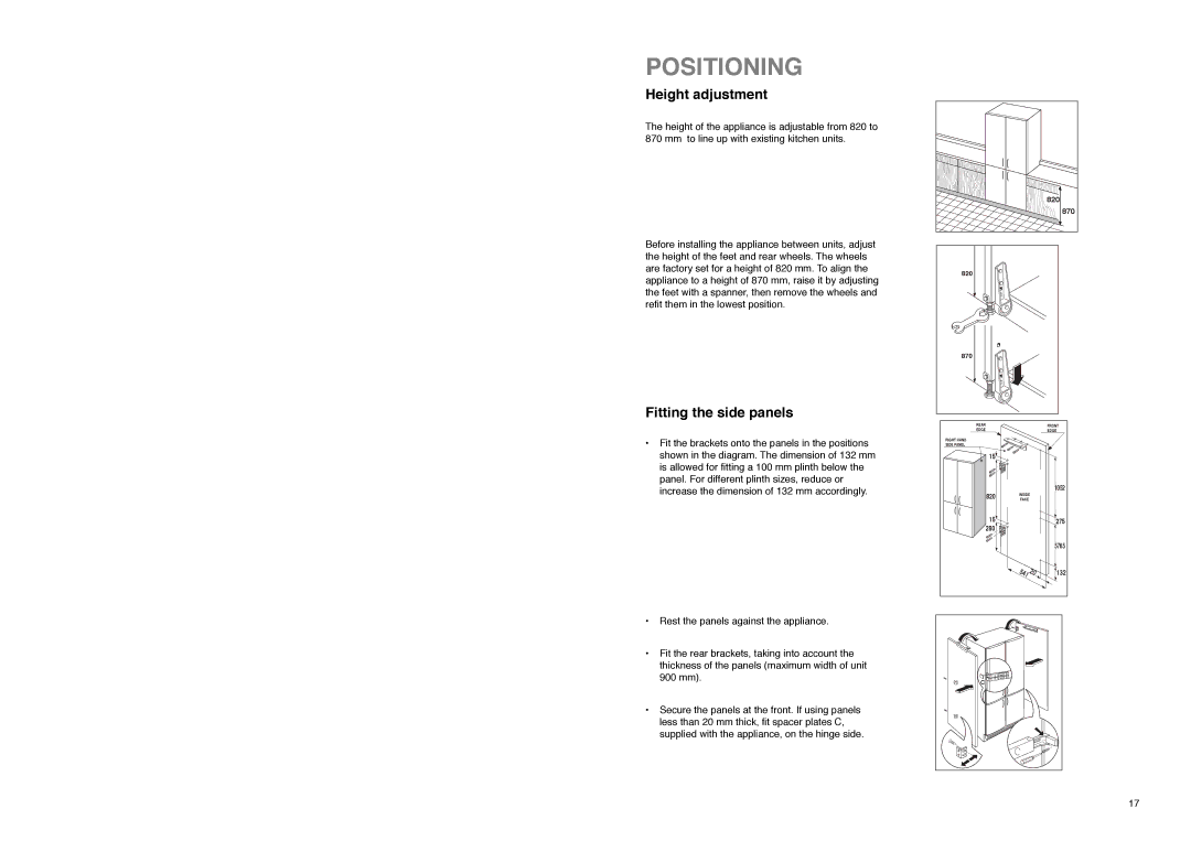 Zanussi ZI 8454 X manual Positioning, Height adjustment, Fitting the side panels 