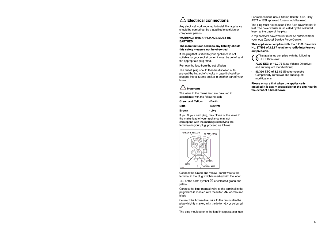 Zanussi ZI 9121 F manual Electrical connections, Green and Yellow Earth Blue- Neutral Brown- Live 