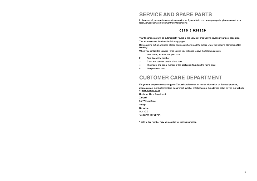 Zanussi ZI 9121 F manual Service And Spare Parts, Customer Care Department, 0 8 7 0 5 9 2 9 