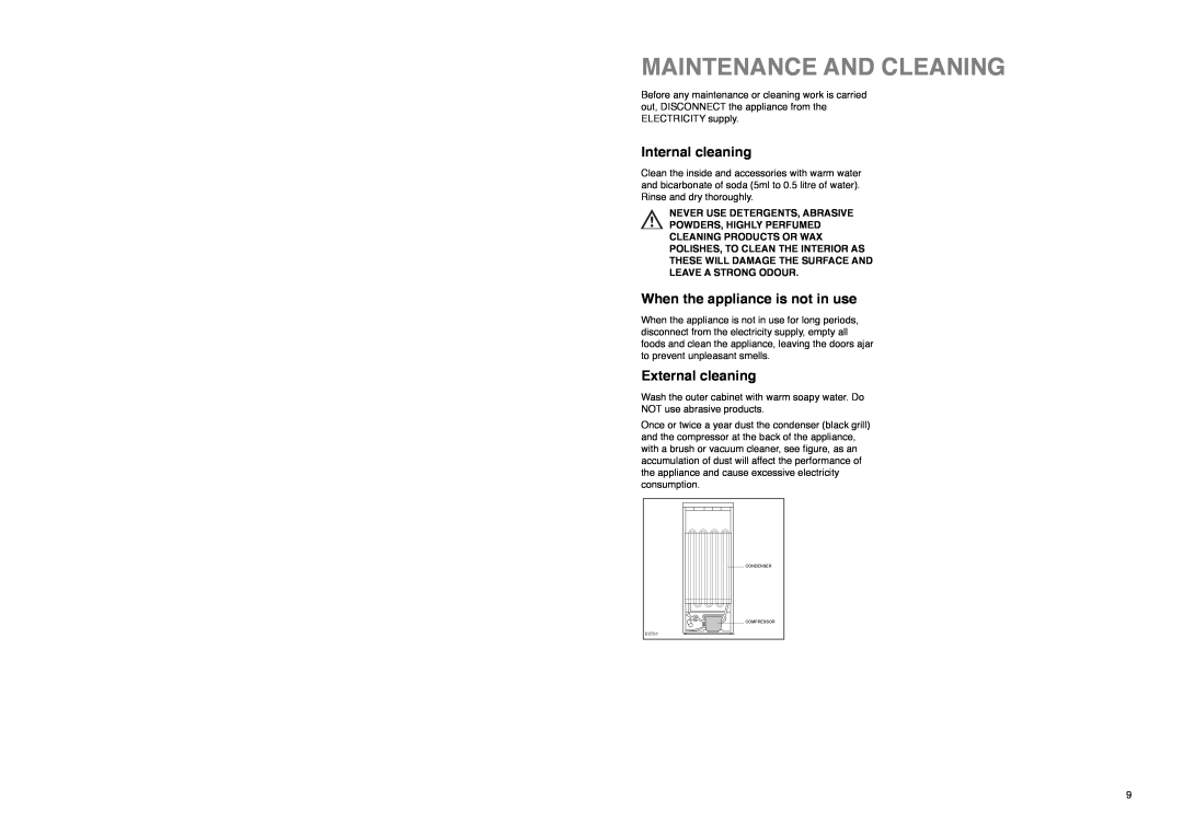 Zanussi ZI 9121 F manual Maintenance And Cleaning, Internal cleaning, When the appliance is not in use, External cleaning 