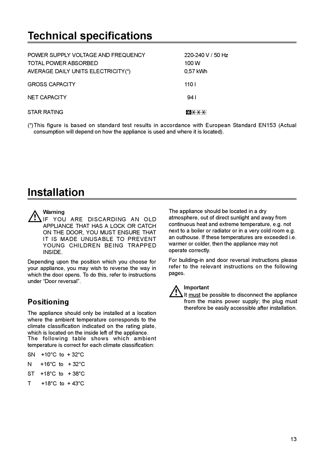 Zanussi ZI 9121 FA manual Technical specifications, Installation, Positioning 