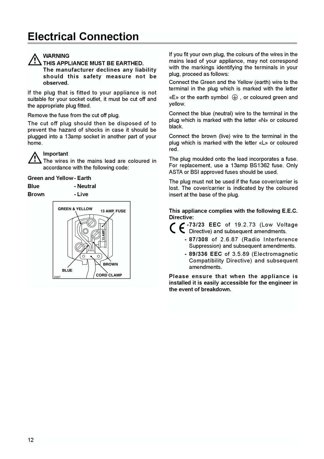 Zanussi ZI 9155 A, ZI 9225 A manual Electrical Connection, Green and Yellow Earth Blue- Neutral Brown Live 